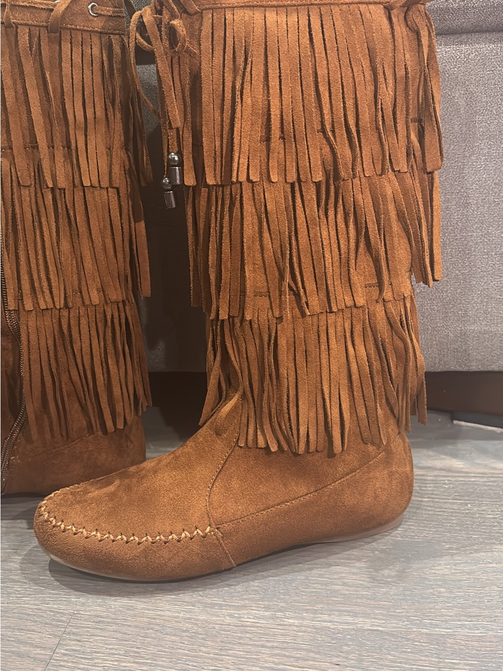 Fringe Suede Moccasin Boots - Tan